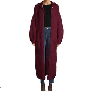 Free People Caffe Cardigan Maxi Knit Oversize Open Front Hooded Acai Size XS NWT